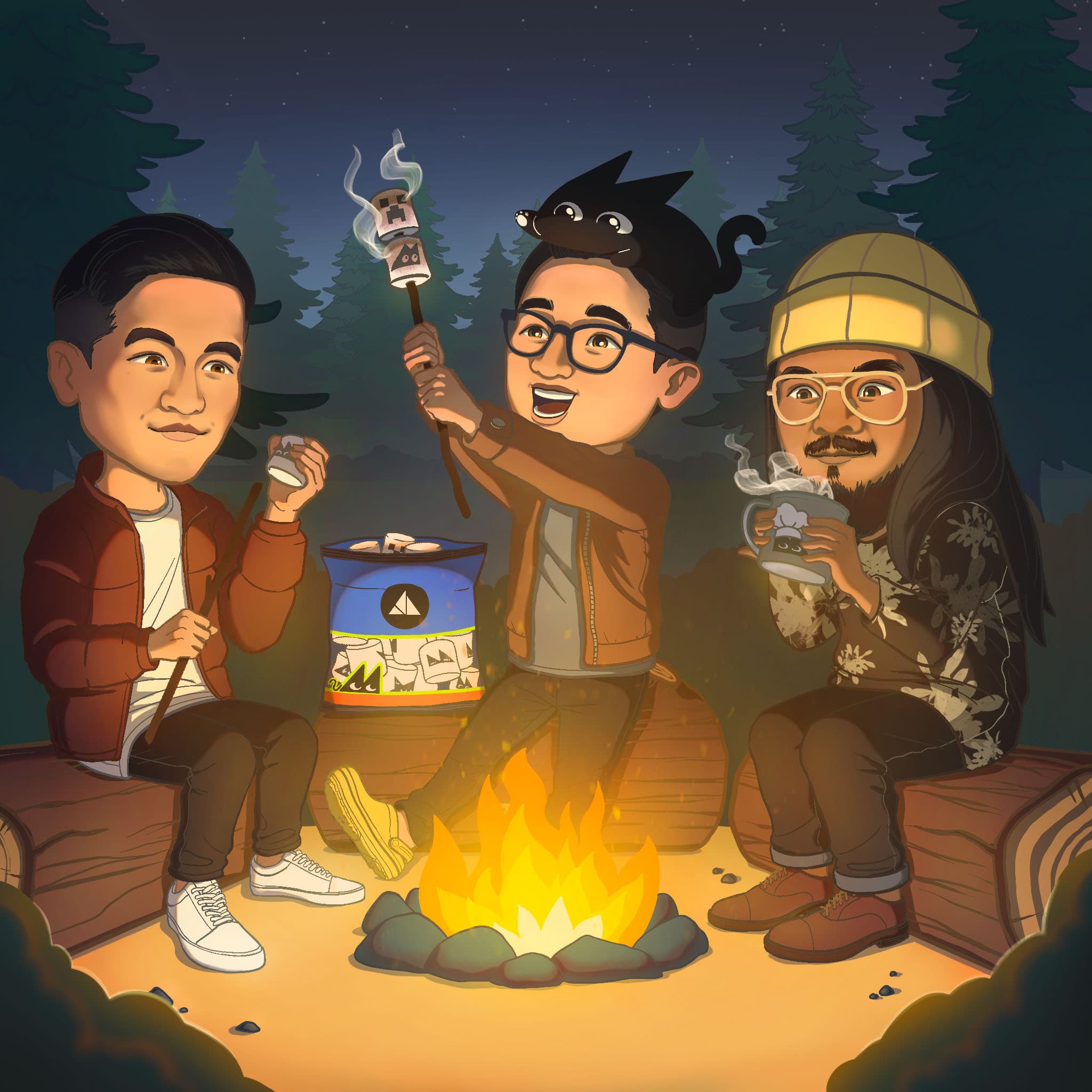 illustrated image of PT leaders at a campfire